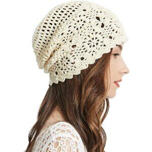 Women Cotton Crochet Slouchy Beanie Hat Handmade Knit Summer Skull Cap